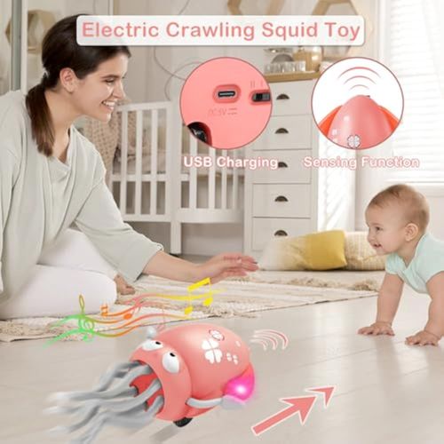 Electric Dancing Octopus Light Music Suitable for 12-18 Months Old Baby Toys, Kid Crawling Squid Toys Suitable for Toddler Tummy Time