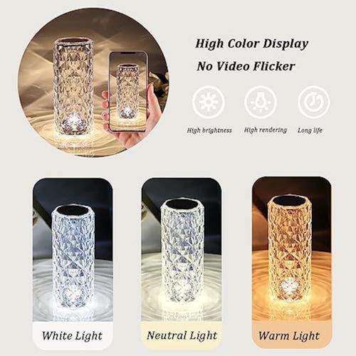 Portable Crystal Table Lamp 3 Color Touch Control Rechargeable Lamp Crystal Bedside Lamp Night Light,Room Decor Desk Lamp