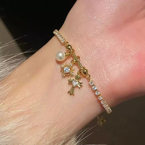 Cross Pendant Pearl Ring and Bracelet Set: Light Luxury & High-End Style, Inlaid with Diamonds in 18K Gold, for Stacking Wear