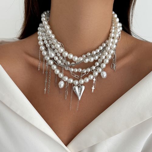 😍Pearl & Metal Magic! Layered Chain Choker with Heart Pendant – Your New Obsession ✨