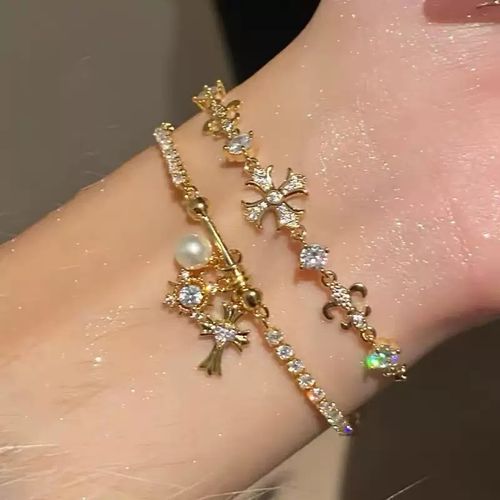 Cross Pendant Pearl Ring and Bracelet Set: Light Luxury & High-End Style, Inlaid with Diamonds in 18K Gold, for Stacking Wear