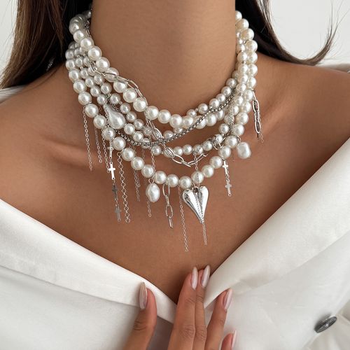 😍Pearl & Metal Magic! Layered Chain Choker with Heart Pendant – Your New Obsession ✨