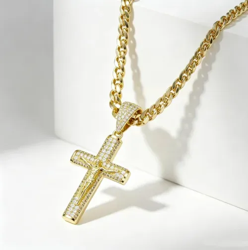 Full diamond three-dimensional Jesus cross pendant necklace