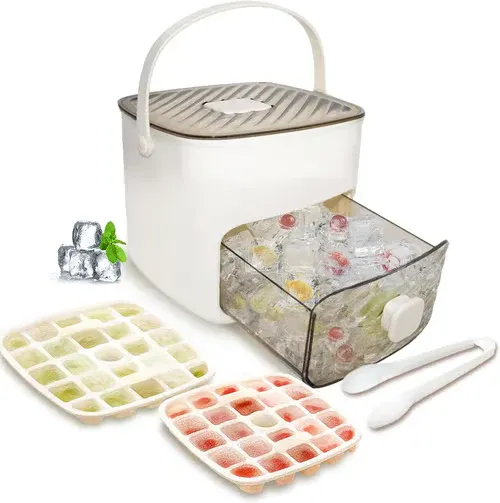 Ice Cube Maker with Storage – 48 cubes at once, leak‑proof lid. Stackable, saves space. Includes ice scoop & tong. A summer essential. 🏖️✅