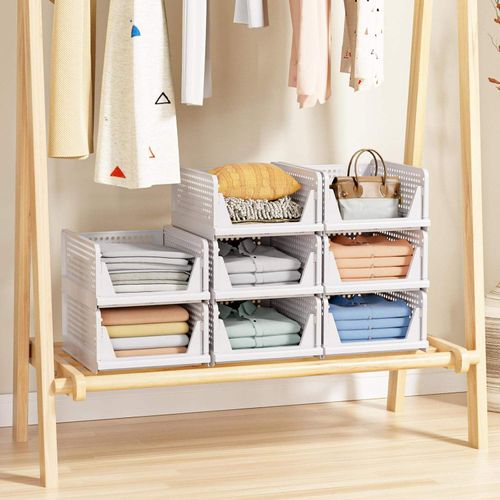 Stackable Storage Bins, Multifunctional & Foldable Closet Organizer Divided, Wardrobe Cupboard Space-Saving Clothes Storage Hat Organizer, White（4PCS）