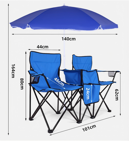 Portable Luxury Double Seat Reclining Folding Beach Camping Chairs Removable Umbrella Thickened Sunshade Stainless Steel Frame