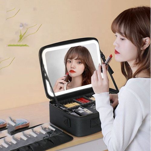 Travel Train Makeup Case with LED Mirror Multifunction Adjustable Brightness Beauty Box Storage Bag for Toiletry Gift Women