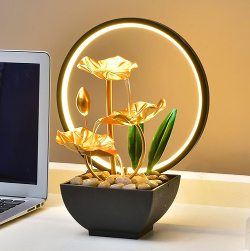 Tabletop Fountain Desktop Small Chinese Zen Flowing Water Ornaments Fortune Lamp Circle Iron Lotus Living Room Office Decoration Desktop Fountains