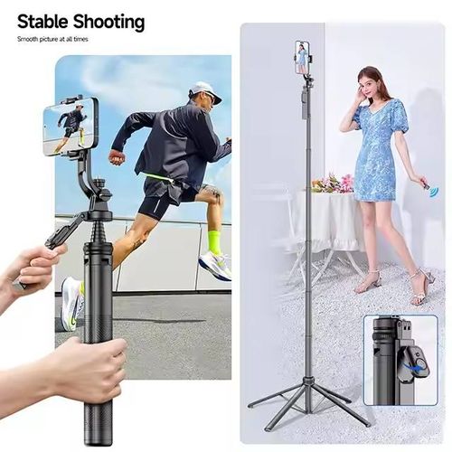 Selfie stabilizer with extendable gimbal for follow-up shooting.