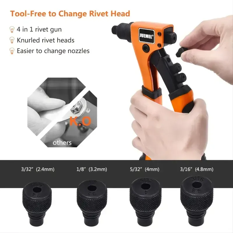 With 4 changeable Rivet Heads, Heavy Duty Single-Hand Riveter