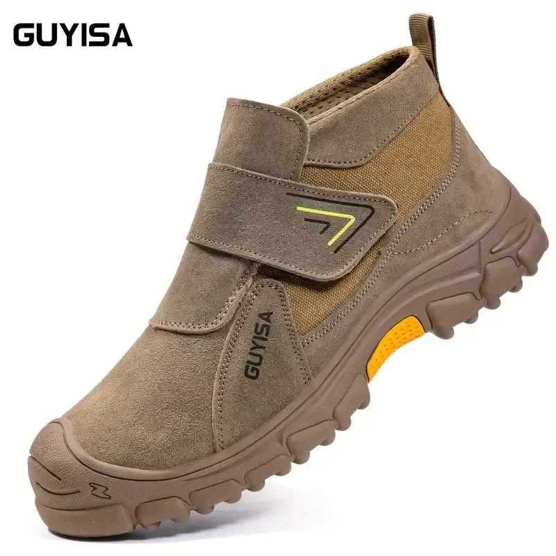 Safety shoes, labor protection shoes, impact-resistant, puncture-resistant, spark-resistant, steel-lined, rubber-soled, round-toed, mid-tube, Velcro, flat-bottomed, welder construction site, four seasons brown