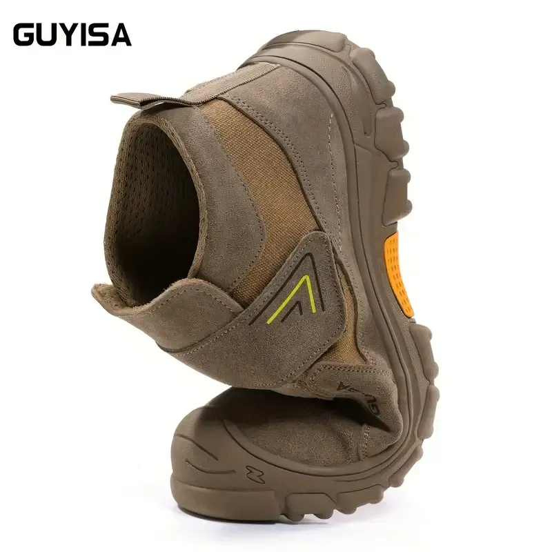 Safety shoes, labor protection shoes, impact-resistant, puncture-resistant, spark-resistant, steel-lined, rubber-soled, round-toed, mid-tube, Velcro, flat-bottomed, welder construction site, four seasons brown
