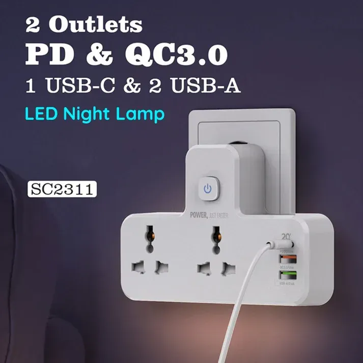 Clopal Power Socket 2 Port Universal 2500W, 1PD 20W, 2USB 18W-12W, Night Lamp