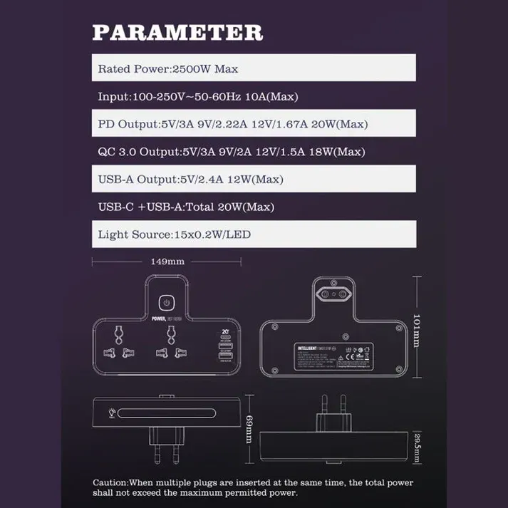 Clopal Power Socket 2 Port Universal 2500W, 1PD 20W, 2USB 18W-12W, Night Lamp