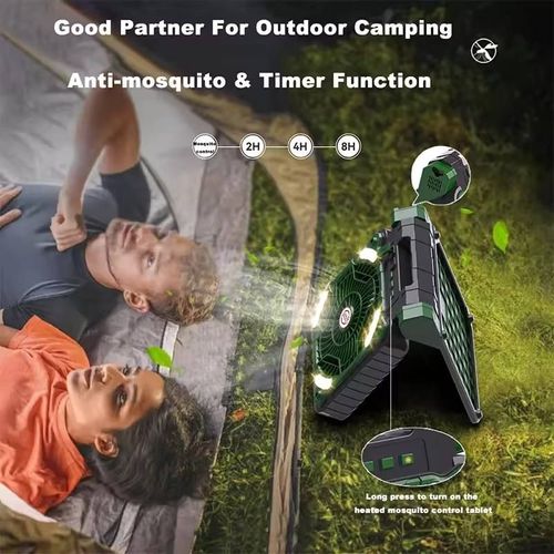Solar-powered portable rechargeable fan for outdoor camping