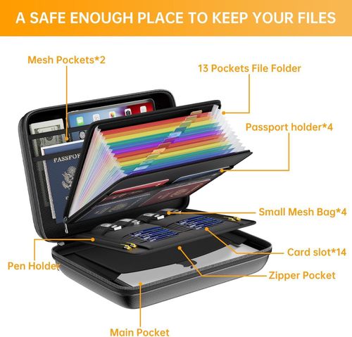 DocSafe Fireproof File Organizer with Lock, Hard-Shell Case Fireproof Document Box with 13 Pocket Accordion File Folder, Portable Home Office Travel Safe Storage for Important Documents Laptop Black