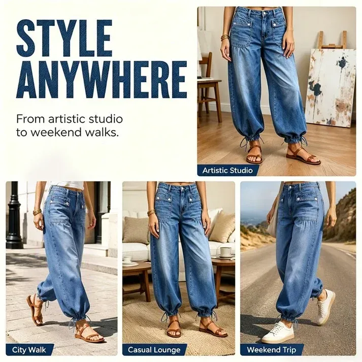 👖 One Pair, Two Silhouettes | Women's High-Waisted Balloon Jeans with Drawstring Cuffs