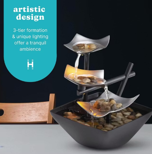 Homedics Tabletop Water Fountain, Home Décor Soothing Sound Machine - Automatic Pump, Deep Basin & Natural River Rocks. Indoor Zen Relaxation for Office, Living Room, or Bedroom