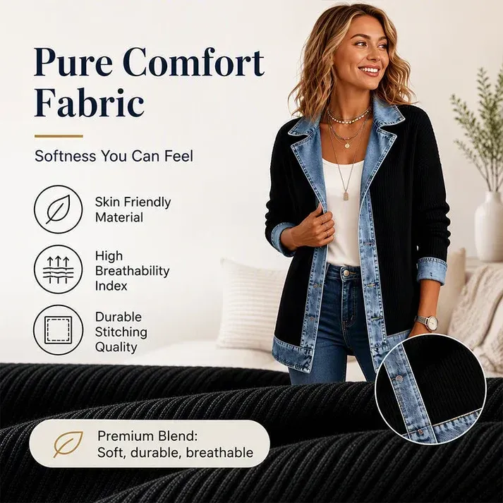 Womens Elegant Denim Spliced Ribbed Knit Coat