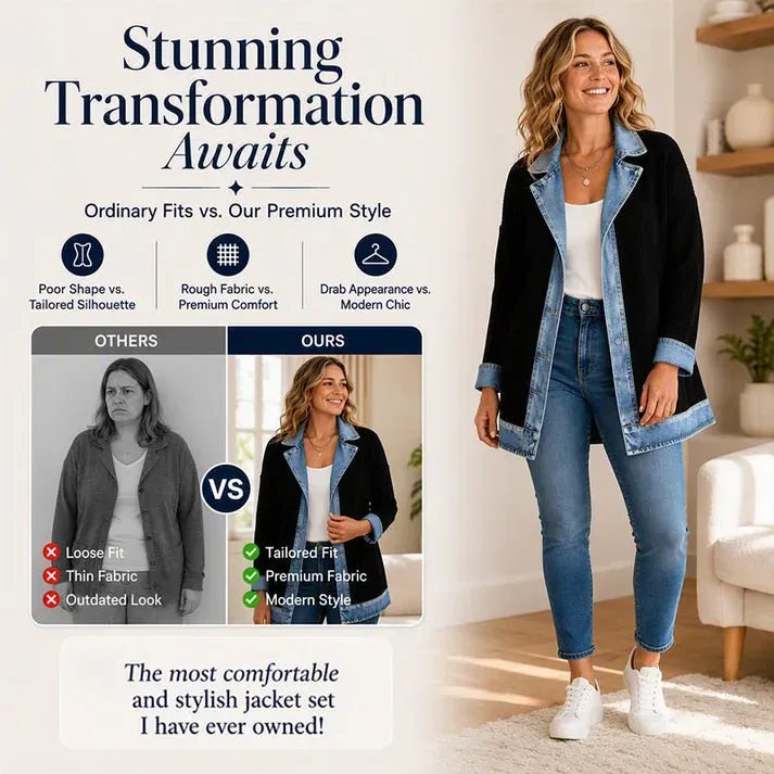 Womens Elegant Denim Spliced Ribbed Knit Coat