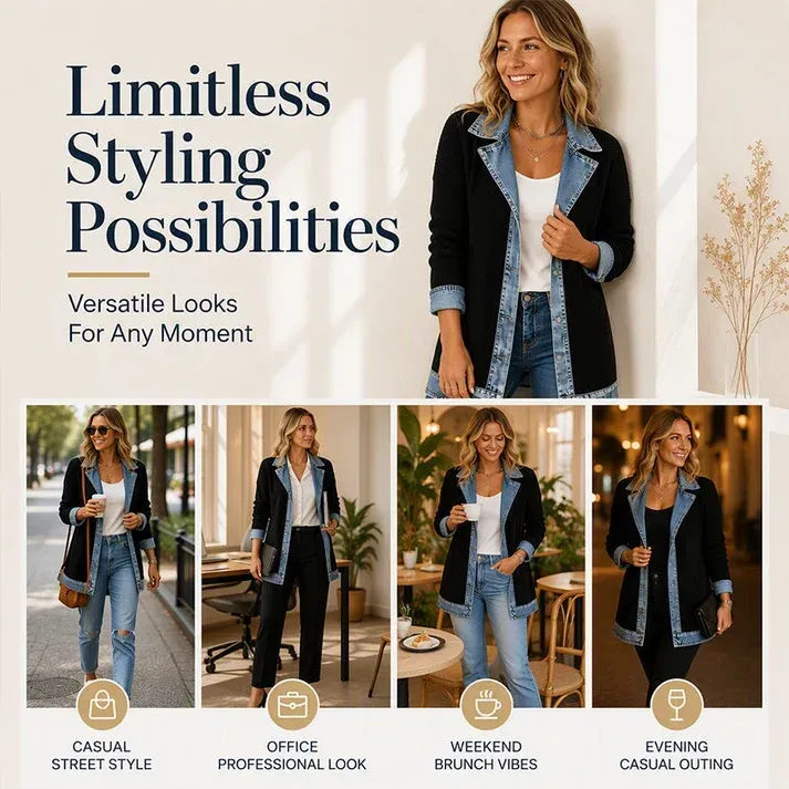 Womens Elegant Denim Spliced Ribbed Knit Coat