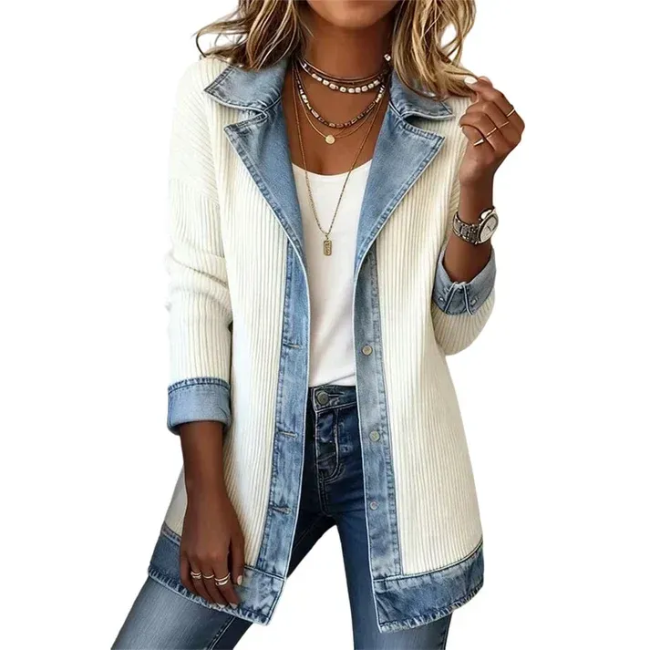 Womens Elegant Denim Spliced Ribbed Knit Coat