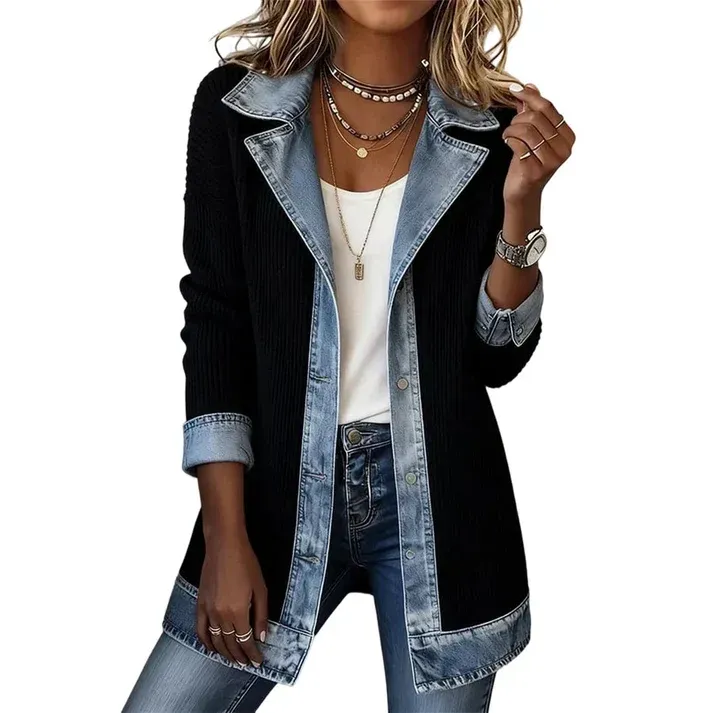 Womens Elegant Denim Spliced Ribbed Knit Coat