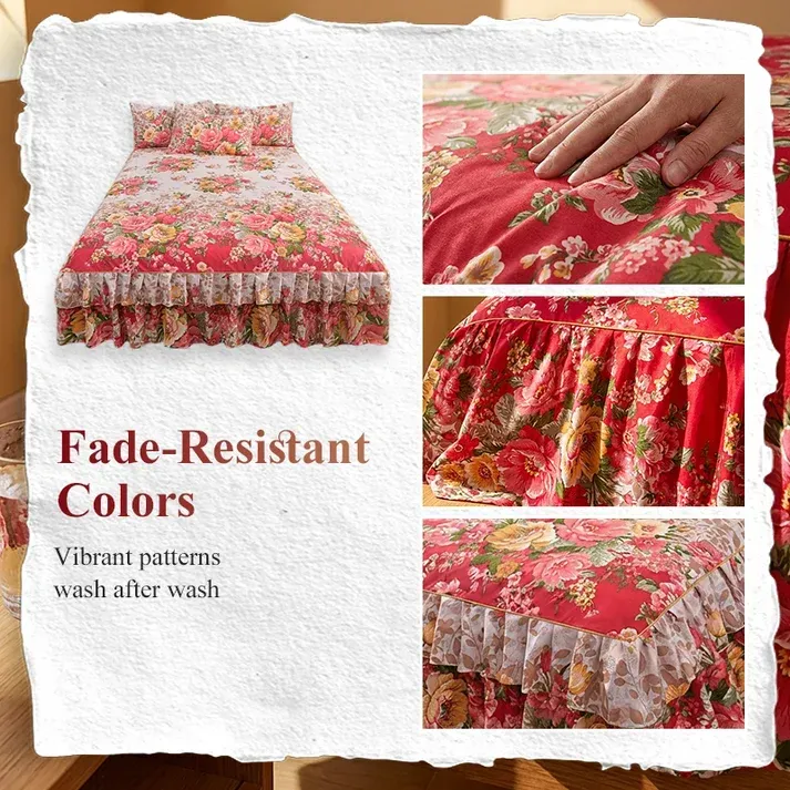 3-Piece Floral Ruffled Bed Skirt Set – Elegant Ruffle Design, Fade-Resistant Reactive Dyeing & Pilling-Resistant Cotton Blend – Conceals Storage with Designer Charm