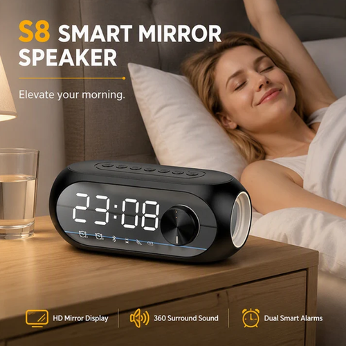 Multi‑Functional Portable Bluetooth Wireless Speaker‑ S8 Mirror Digital Alarm Clock Speaker, 360° Surround Sound Bedside Speaker with Dual Alarm & HD Mirror Display