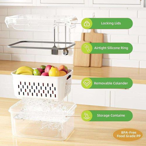 Plastic Fruit Refrigerator Storage Containers Organizer Box With Lid and Removable Colander Food Container