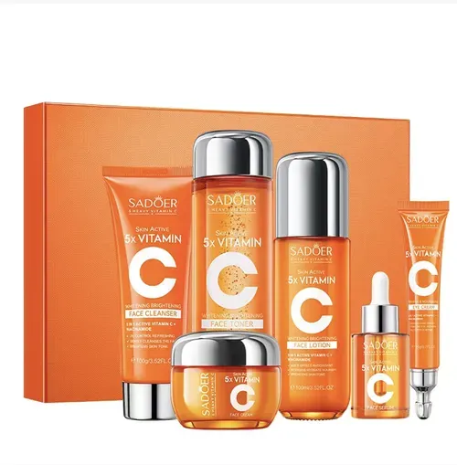 The Five-Dimensional C Brightening Skin Care Set includes six items: facial cleanser, water, essence, lotion, cream, and eye cream