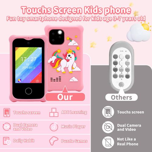 CUSTOM Kids Smart Phone Touchscreen Kids Phone Unicorn Girls Age 6-8 with Dual Camera Music Game Learning Toy Phone
