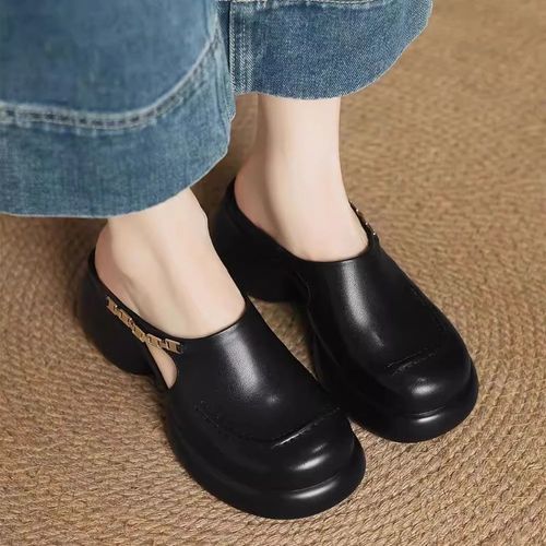 Posture Correction Waterproof Platform High Heel Hollow Women's Slippers-Cowhide craft