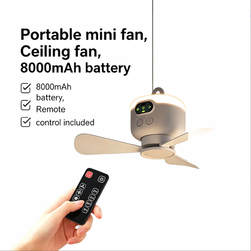 Portable Mini Ceiling Fan with Light USB Rechargeable 8000mAh Battery Smart Control 7W Low Power for Camping & Dormitory Use