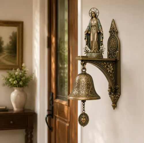 ✨ Our Lady of Grace Bronze Miraculous Medal Wall Bell | 🙏Catholic Religious Home & Garden Decor