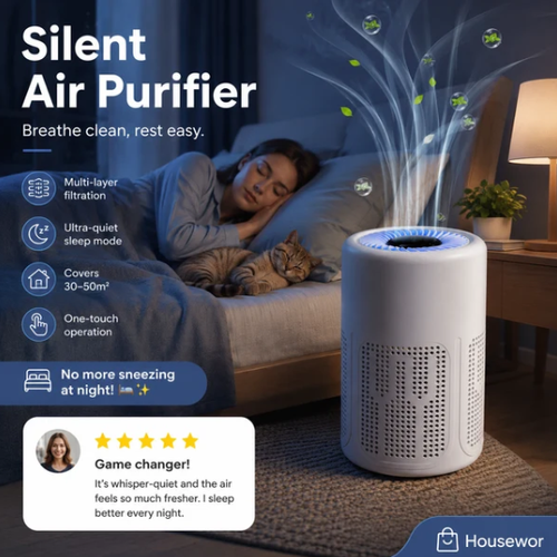 🥳 Silent Air Purifier – Multi‑layer filtration, ultra‑quiet sleep mode. Covers 30‑50m², one‑touch operation. Breathe clean, rest easy. No more sneezing at night! 🛌✨