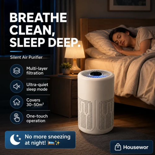 🥳 Silent Air Purifier – Multi‑layer filtration, ultra‑quiet sleep mode. Covers 30‑50m², one‑touch operation. Breathe clean, rest easy. No more sneezing at night! 🛌✨