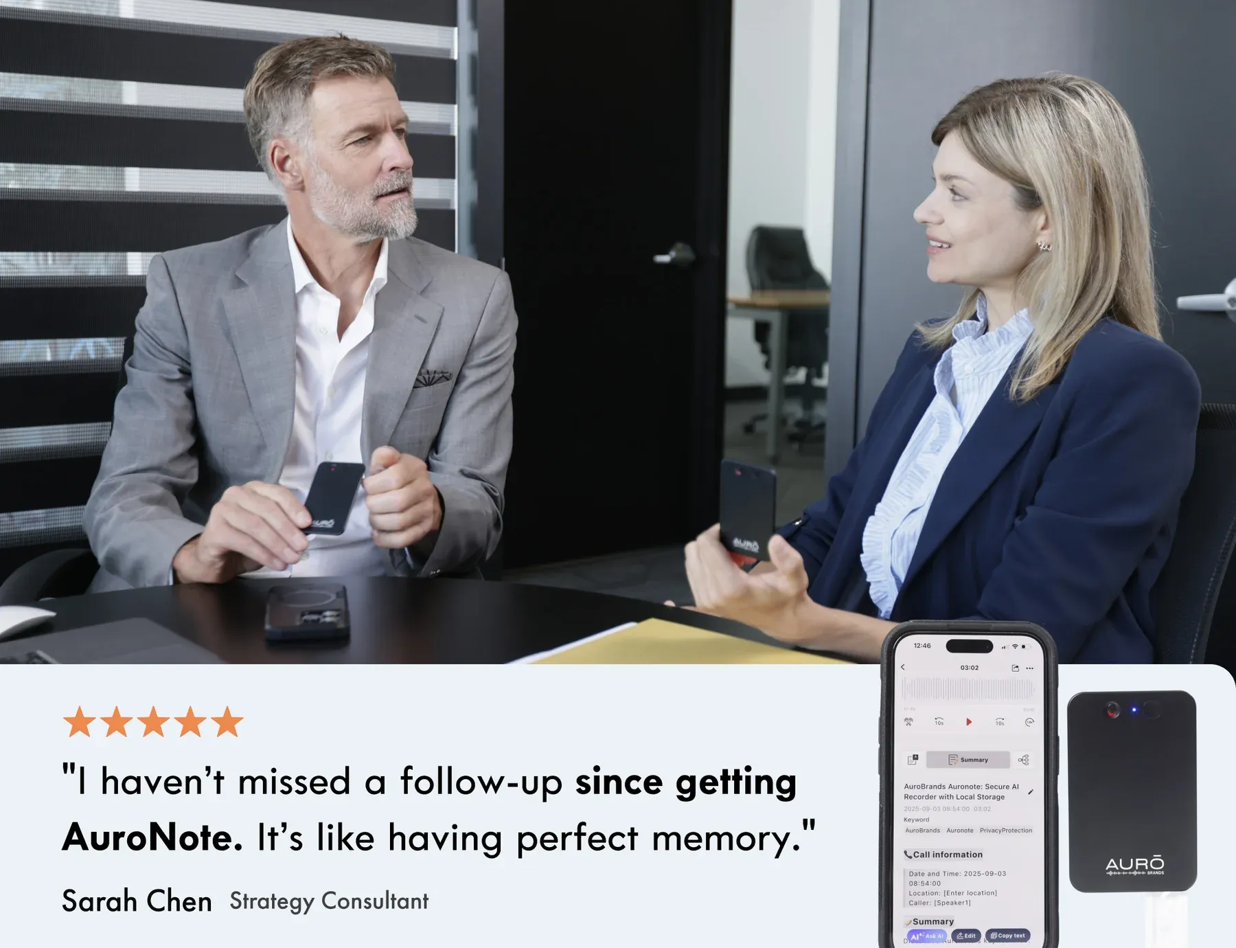 A portable, wireless, high-capacity voice-to-text AI recording device worn around the neck in the office.