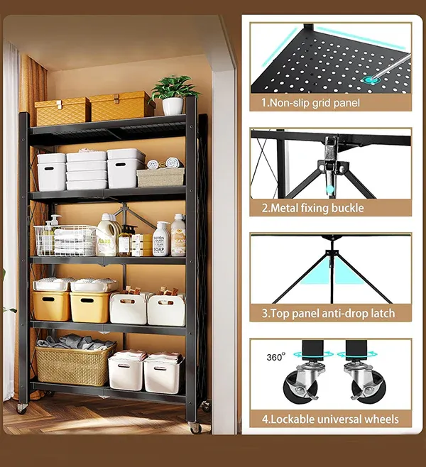Heavy Duty Foldable Metal Organizer Shelves with Wheels Great for Garage Kitchen