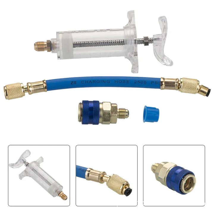 💥 Precision AC Oil Dye Injector – Brass Construction, High Pressure Hose, Clear Barrel ✨