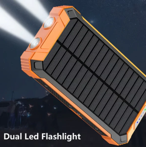 Portable Solar Power Bank, Solar Powered Charger with Dual LED Flashlights, Power Bank for Travel, Camping