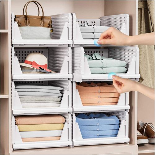 Stackable Storage Bins, Multifunctional & Foldable Closet Organizer Divided, Wardrobe Cupboard Space-Saving Clothes Storage Hat Organizer, White（4PCS）