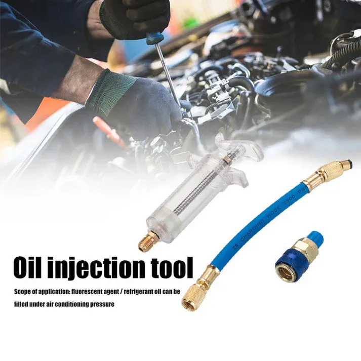 💥 Precision AC Oil Dye Injector – Brass Construction, High Pressure Hose, Clear Barrel ✨