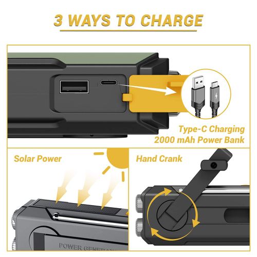 New Model Portable Mini Hand Crank Radio Emerncy SOS Flashlight with 2000mAh Power Bank Solar & FMAM Speaker Survive Kit