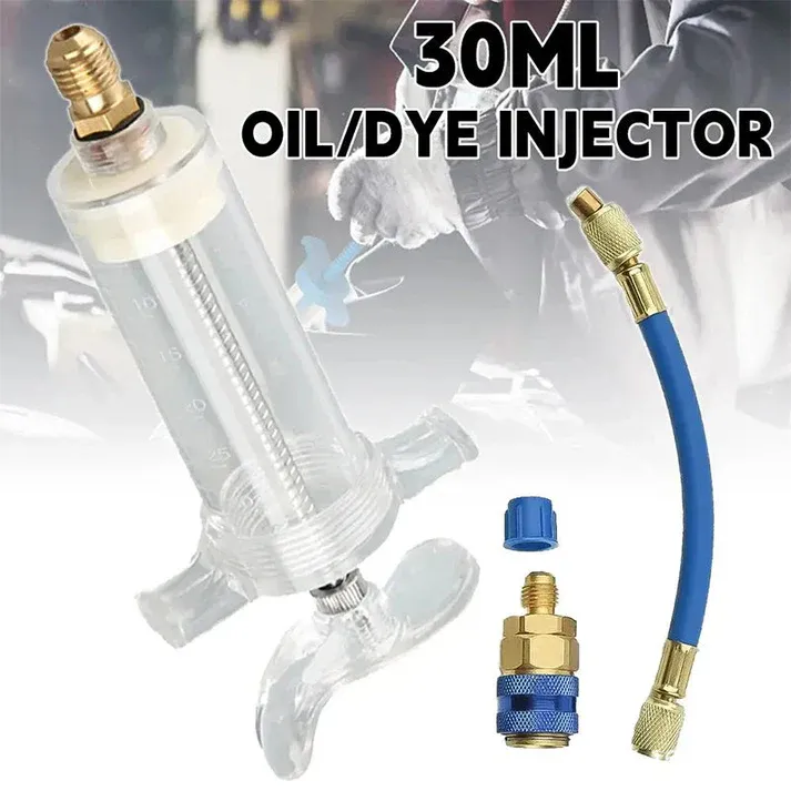 💥 Precision AC Oil Dye Injector – Brass Construction, High Pressure Hose, Clear Barrel ✨