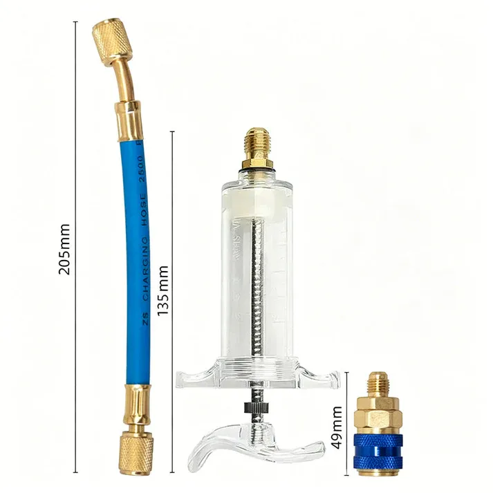 💥 Precision AC Oil Dye Injector – Brass Construction, High Pressure Hose, Clear Barrel ✨