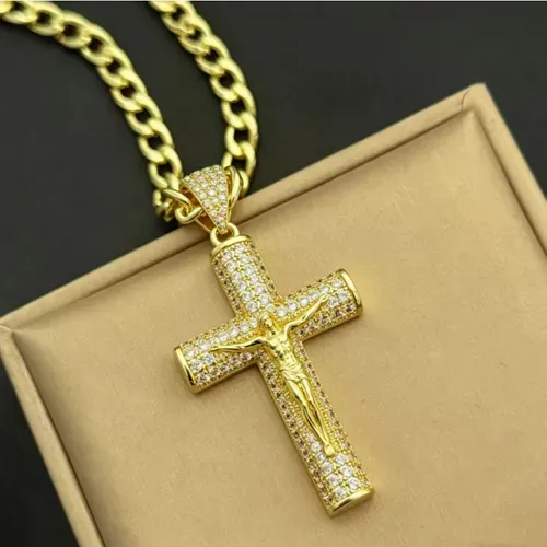 Full diamond three-dimensional Jesus cross pendant necklace