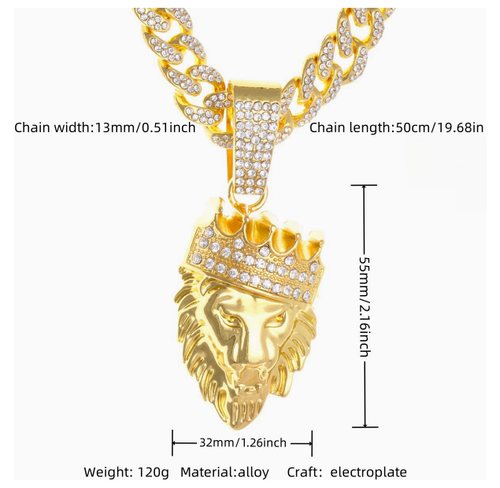 Hot selling long necklace Cuban chain crown lion head necklace hip hop trendy men's accessories