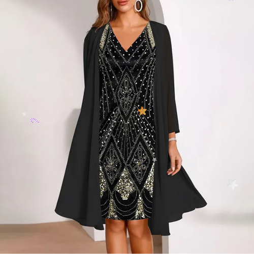 💃 Sheer Long Jacket & V-Neck Dress Set – Flattering Cut & Airy Fabric