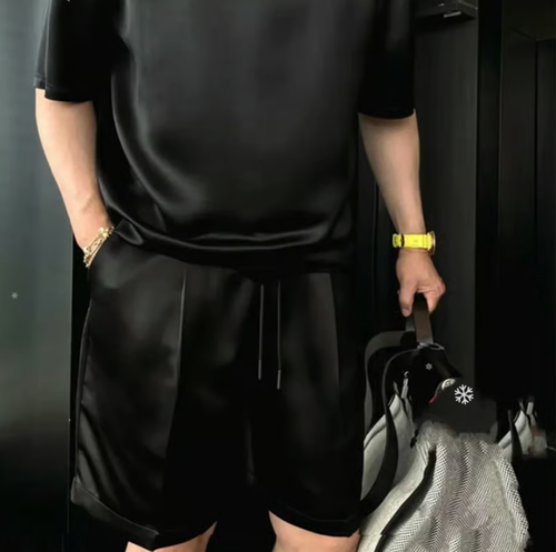 🔥High Quality Men's Mercerized Cotton Casual Solid Color Top and Shorts Two-Piece Set Loose fit, suitable for all occasions